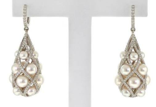 Anil Maloo, Baggins, Inc. - 18K white gold drop earrings featuring 32 Japanese Akoya cultured Pearls accented with round brilliant Diamonds (4.43 ctw.).
