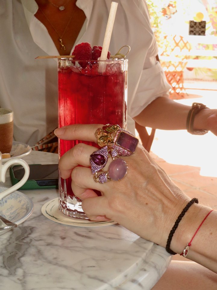 The rhino beetle ring made in 18k pink gold with sapphires and amethysts creating a gorgeous ombré surrounding a juicy triple colour tourmaline. The Nammu Ring, named after the goddess of the sea made in 18k pink gold with purple tourmaline and amethysts and holding a mystical chalcedony.