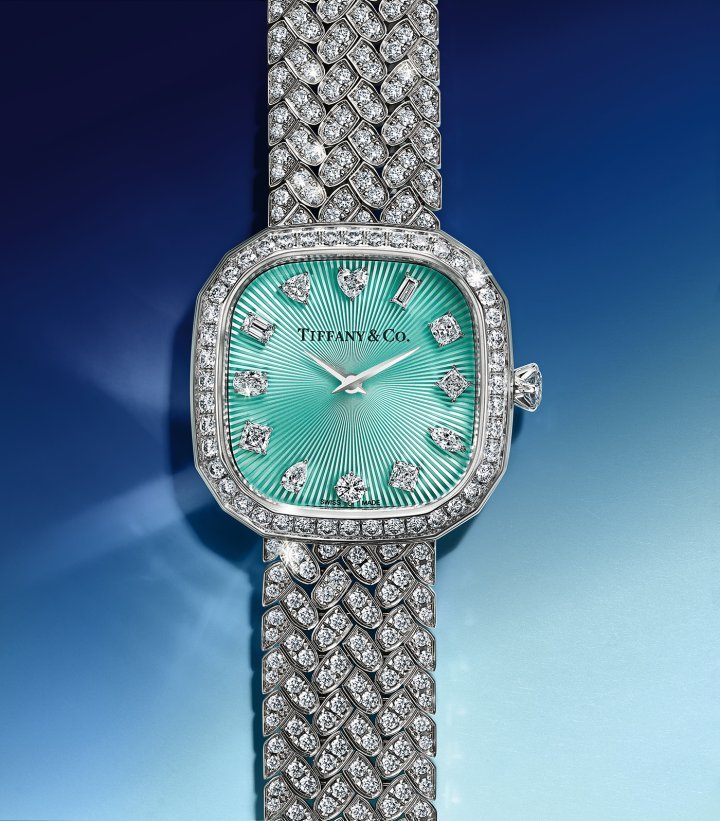 Tiffany & Co. Eternity watch, 18k white gold cushion-shaped case, 28mm, 512 diamonds totalling 5.9 carats; cushion-shaped Tiffany Blue® guilloché dial with 12 hand-set diamonds; crown set with a 0.19-carat round brilliant diamond; bracelet set with 455 round brilliant diamonds totalling 4.4 carats; high-precision Swiss quartz movement.