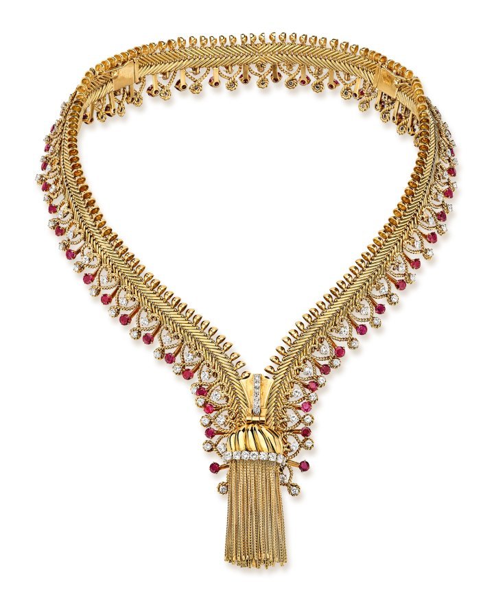 Zip necklace, 1954, that transforms into a bracelet, yellow gold, platinum, rubies, diamonds, Van Cleef & Arpels Collection