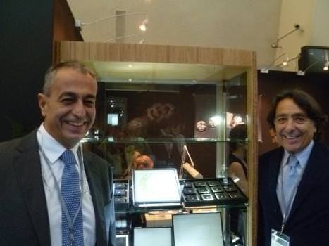 Antoine Haddaq of Diamprest, left, showcased a wide range of pink and yellow diamonds, while Andre Messika, of Messika Diamonds, presented a large range of white diamonds.