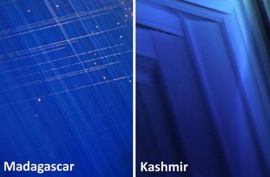 Figure 2: Dense zoning of new sapphires from Madagascar (left) compared with characteristic blocky zoning (parquet structure) of classic Kashmir sapphires (right). Photos: M.S. Krzemnicki, SSEF