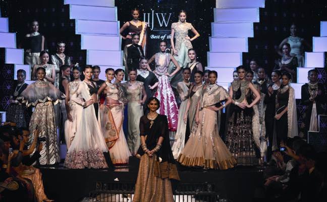 During the II JW Grande Finale, Soonam Kapoor, centre front, with the models wearing the “Best of the Best” creations.